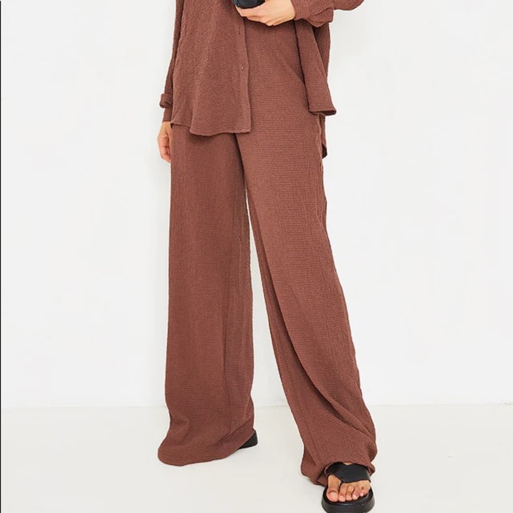 NWT Choc Brown Textured Crinkle Wide Leg Pants